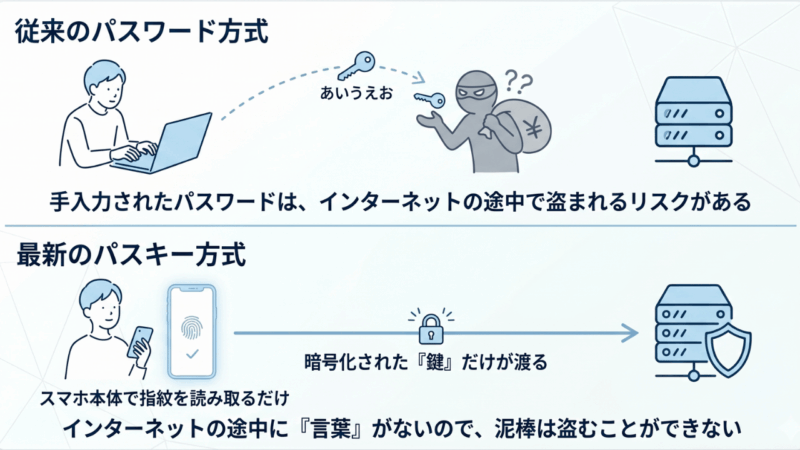 従来のパスワード方式」と「最新のパスキー方式」のセキュリティの違いを比較した図解